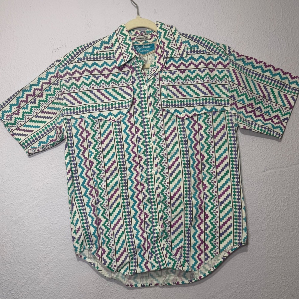 Vintage Southwest Canyon 90s Western Geometric Button Up S Purple Teal Men Retro